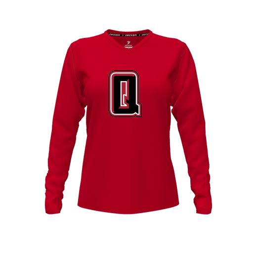 [CUS-DFW-TEES-PER-VNK-LSL-RED-FYXS-LOGO2] Decker Performance T-Shirt (Female Youth XS, Red, V Neck, Logo 2, Long Sleeve)